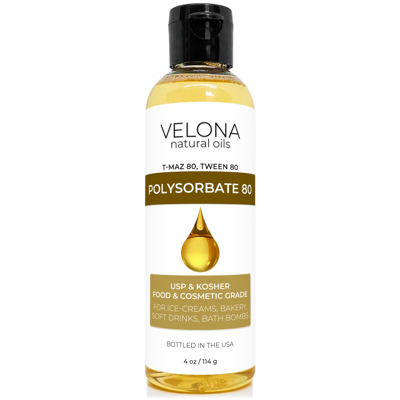 Polysorbate 80 by Velona 4 oz | Solubilizer, Food & Cosmetic Grade | All Natural for Cooking, Skin Care and Bath Bombs, Sprays, Foam Maker | Use Today - Enjoy Results